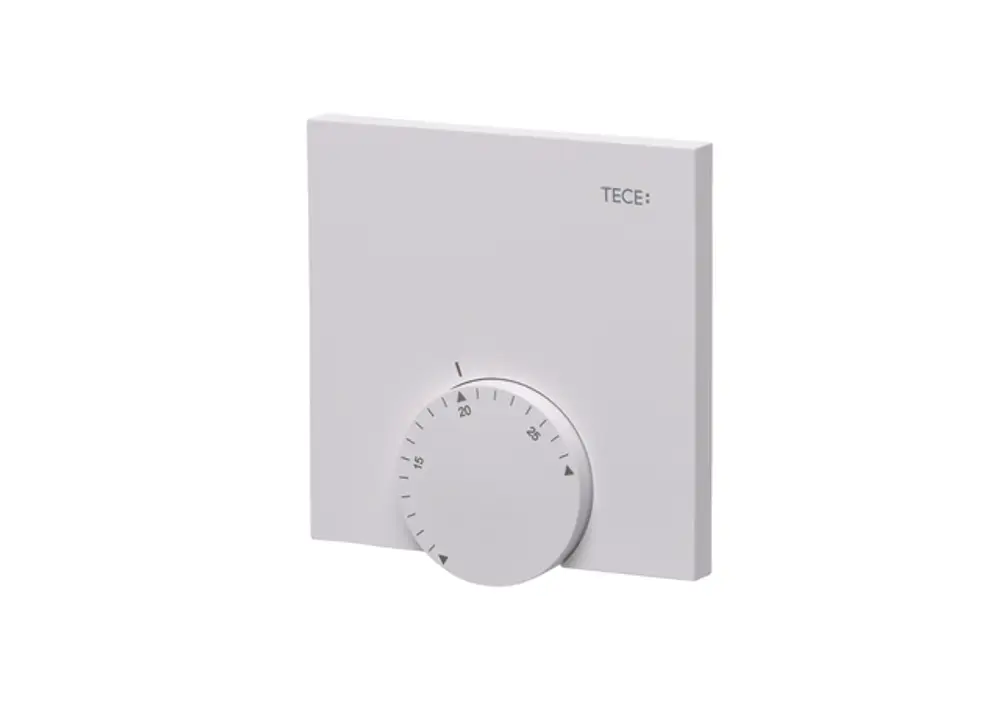 Weißes Wandthermostat von TECE mit runden Regler zur Temperaturregelung. Ziffern von 15 bis 25 auf dem Regler sichtbar.